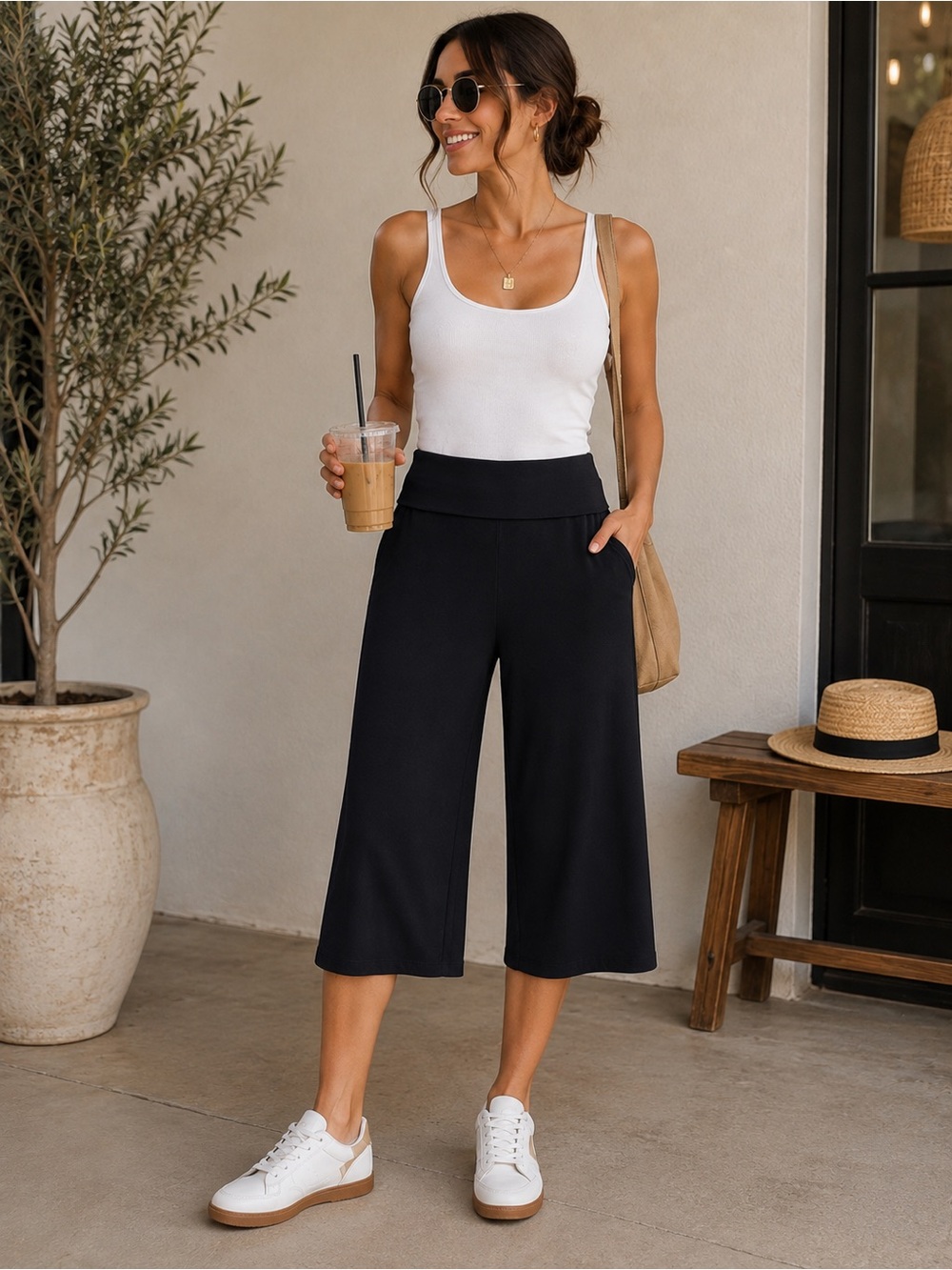 Max Studio Black Foldover Waist Gaucho Wide Leg Cropped Pants Size M